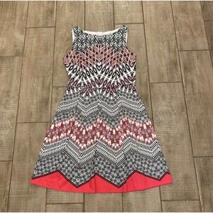 London Times Women's Size 10 Sleeveless Geometric Print Fit and Flare Dress Pink